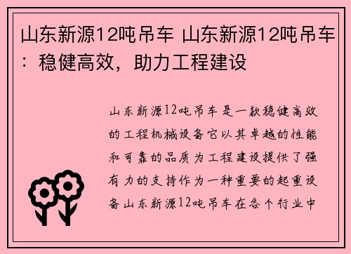 山东新源12吨吊车 山东新源12吨吊车：稳健高效，助力工程建设