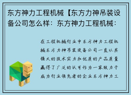 东方神力工程机械【东方力神吊装设备公司怎么样：东方神力工程机械：力争成为行业领先者】